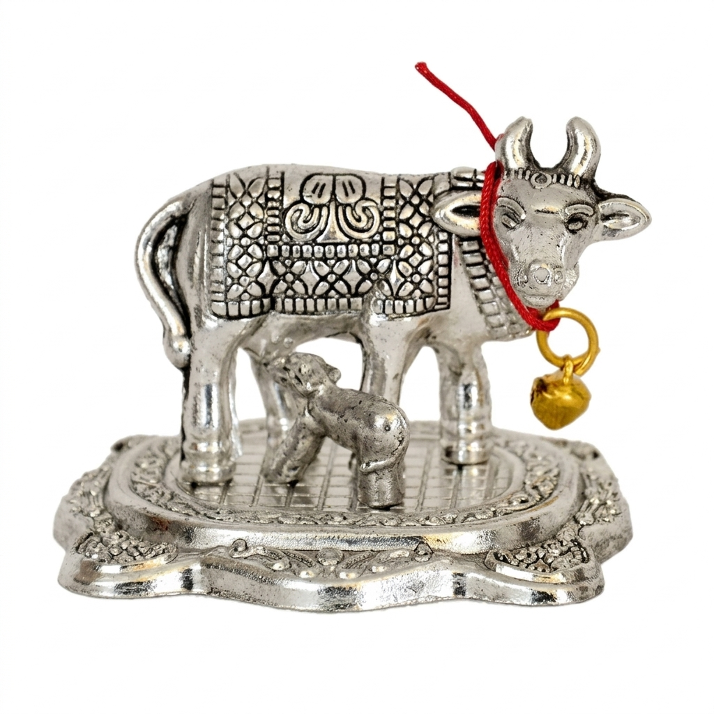 Craftearth Premium Rakhi Gift Combo | Designer "Shree" Rakhi with Silver-Plated Kamdhenu Cow & Roli-Chawal Set RC-17