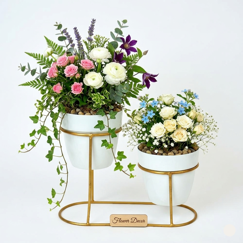 Modern White & Gold Dual Planter Stand I-108-W