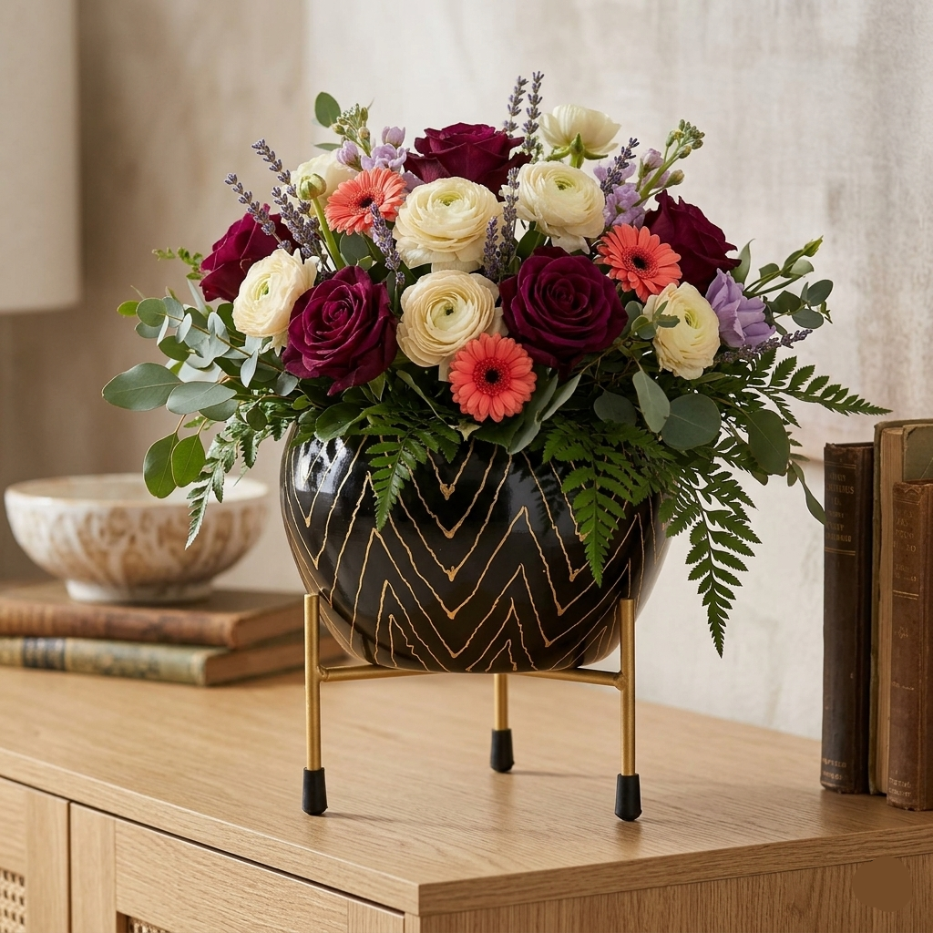 Modern Black & Gold Metal Planter with Stand I-106-B