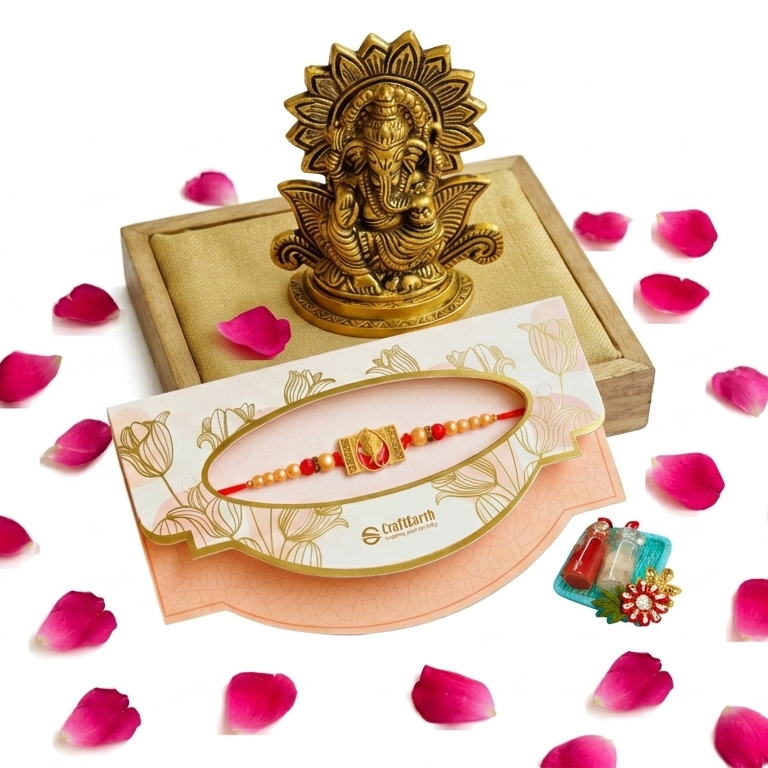 CraftEarth Designer Ganesha Rakhi for Brother with Metal Lord Ganesha Idol Combo Gift Set with Roli Chawal Pack RC-16
