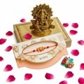 CraftEarth Designer Ganesha Rakhi for Brother with Metal Lord Ganesha Idol Combo Gift Set with Roli Chawal Pack RC-16