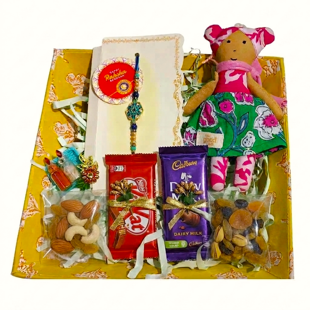 Rakhi Combo Gift Hamper with Chocolates, Dry Fruits & Fabric Doll RC-12