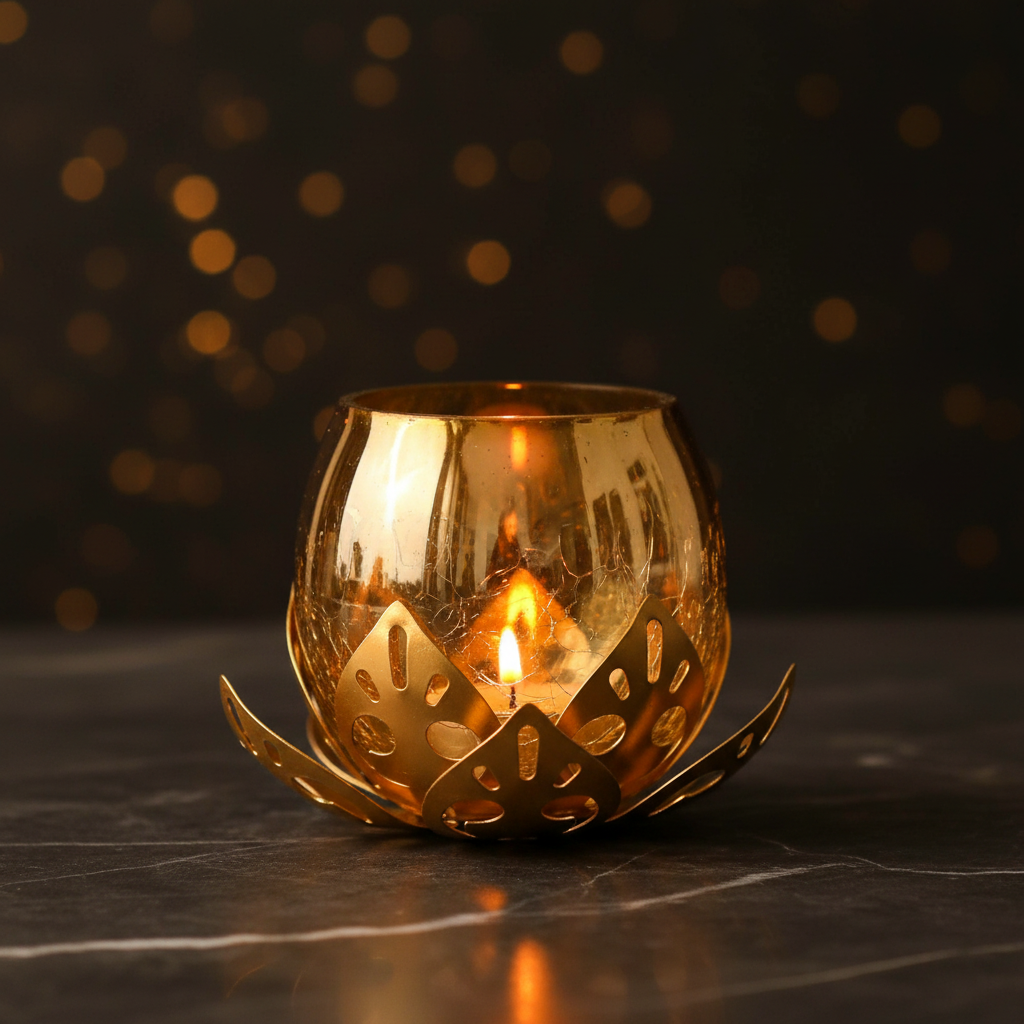 Lotus Base Amber Glass Tealight Holder – Candlelit Lifestyle