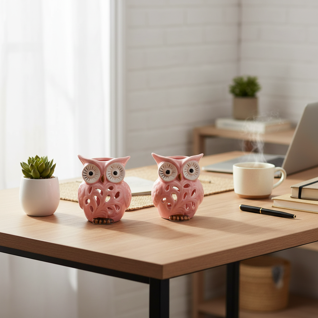 Pink Ceramic Owls - Desk Decor