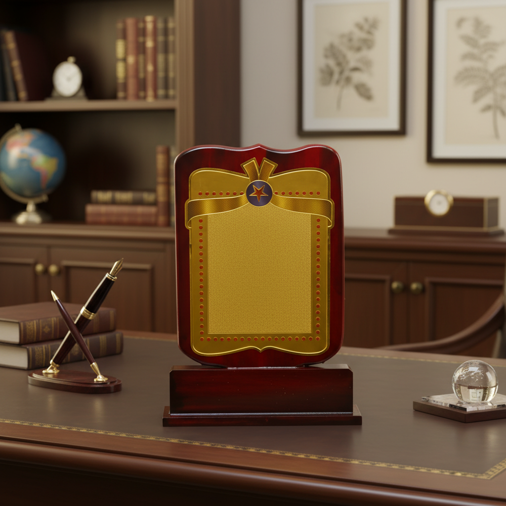 Red Gold Shield Plaque on Desk