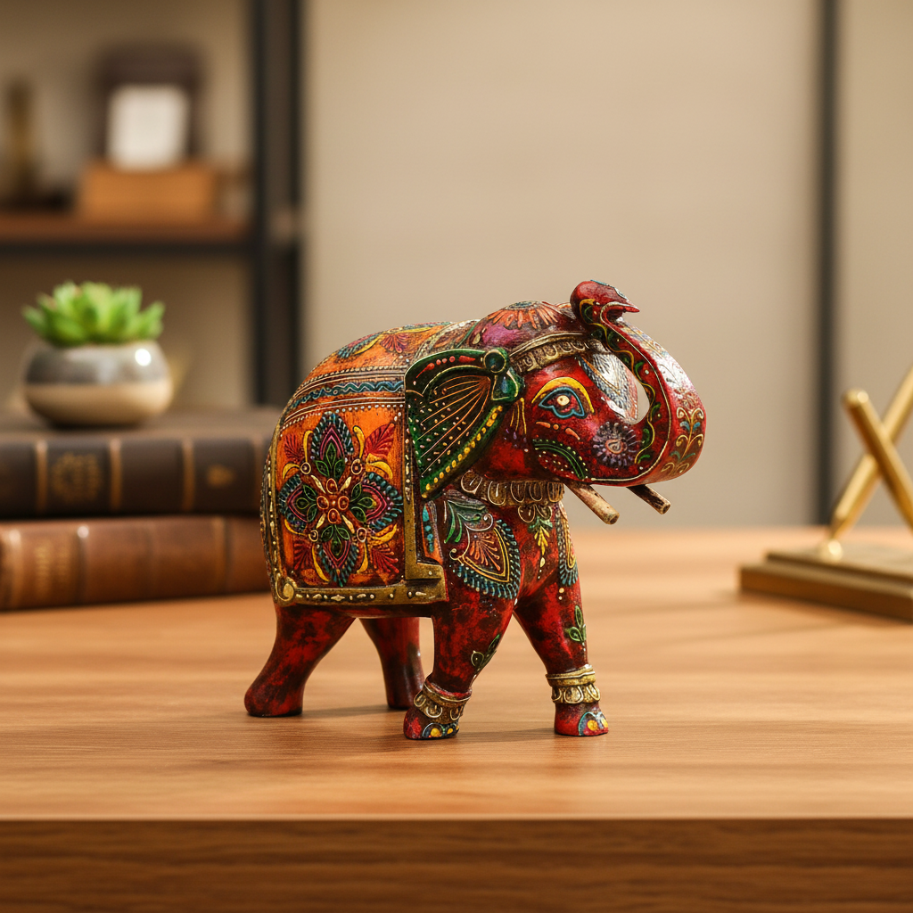 Red Painted Indian Elephant Figurine - Desk Decor