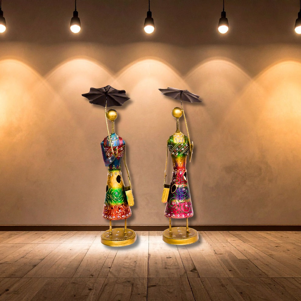 Hand-Painted Metal Figurines with Umbrella - Set of 2, I-286-A