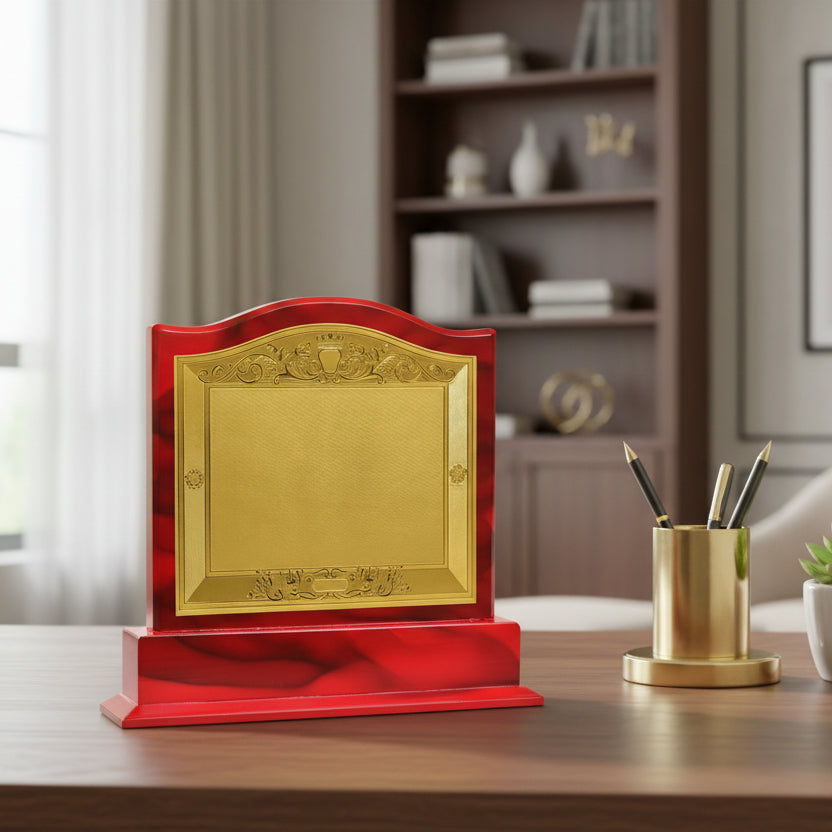 Premium Wooden Memento with – Red & Gold Award Trophy - M-347-A