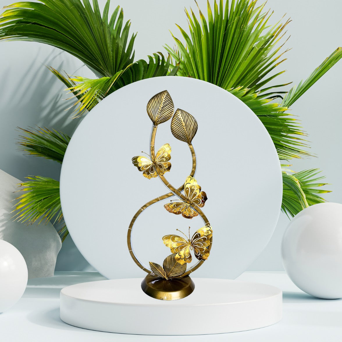 Golden Butterfly & Leaf Metal Sculpture I-263-A
