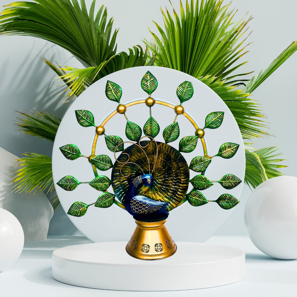 Handcrafted Metal Peacock Teble Decor with Golden Leaves I-261-A