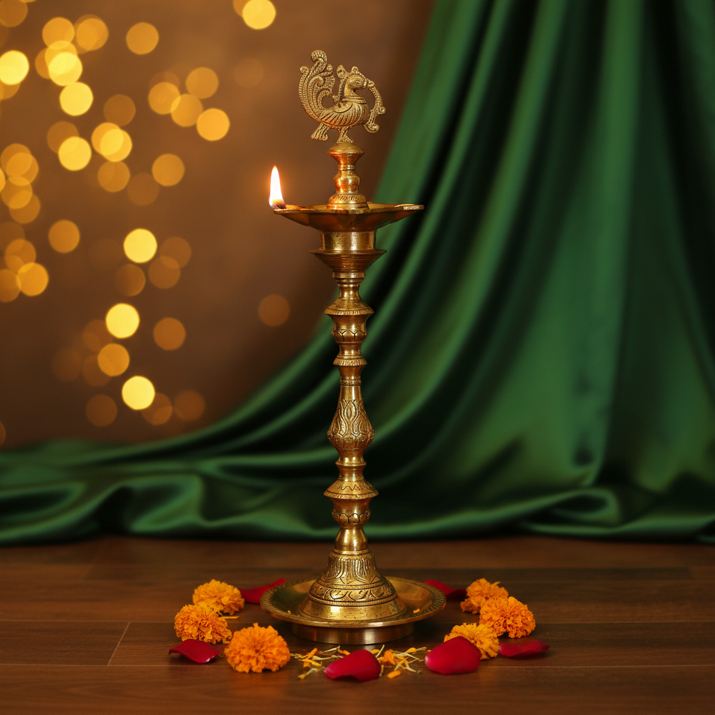 Tall Brass Peacock Diya Lamp – Home Decor Background