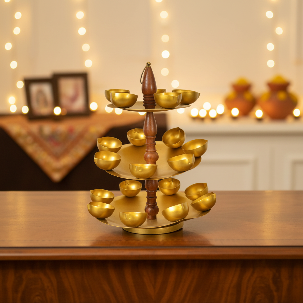 Three Tier Golden Diya Stand - Desk Decor