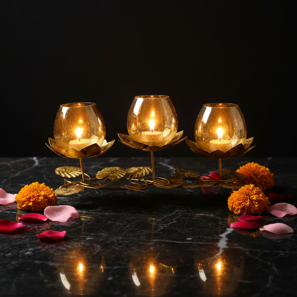 Triple Lotus Branch Tealight Holder – Cinematic Square Hero Shot