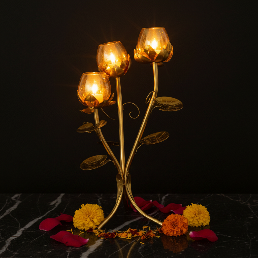 Triple Lotus Bud Bouquet Tealight Holder – Cinematic Square Hero Shot