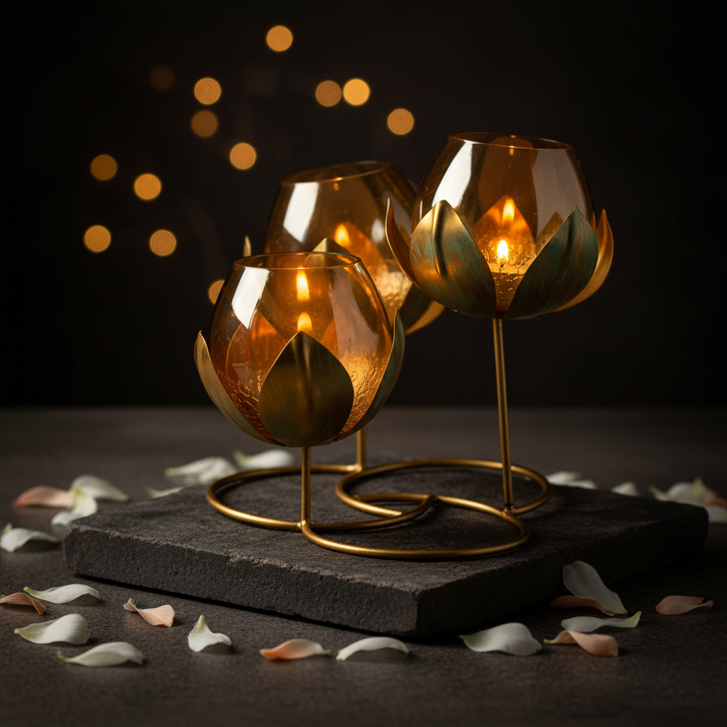Triple Lotus Stem Tealight Holder – Candlelit Lifestyle