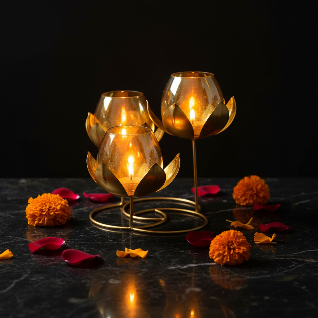 Triple Lotus Tealight Holder – Cinematic Square Hero Shot