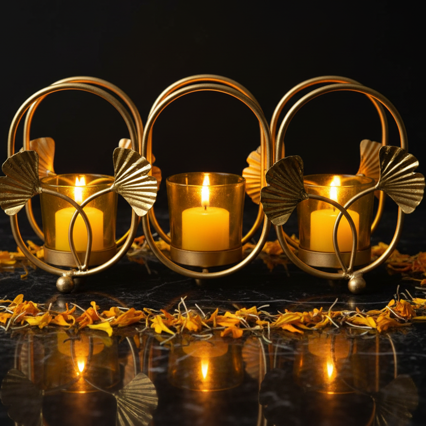 Triple Ring Ginkgo Tealight Holder – Premium Cinematic Lifestyle
