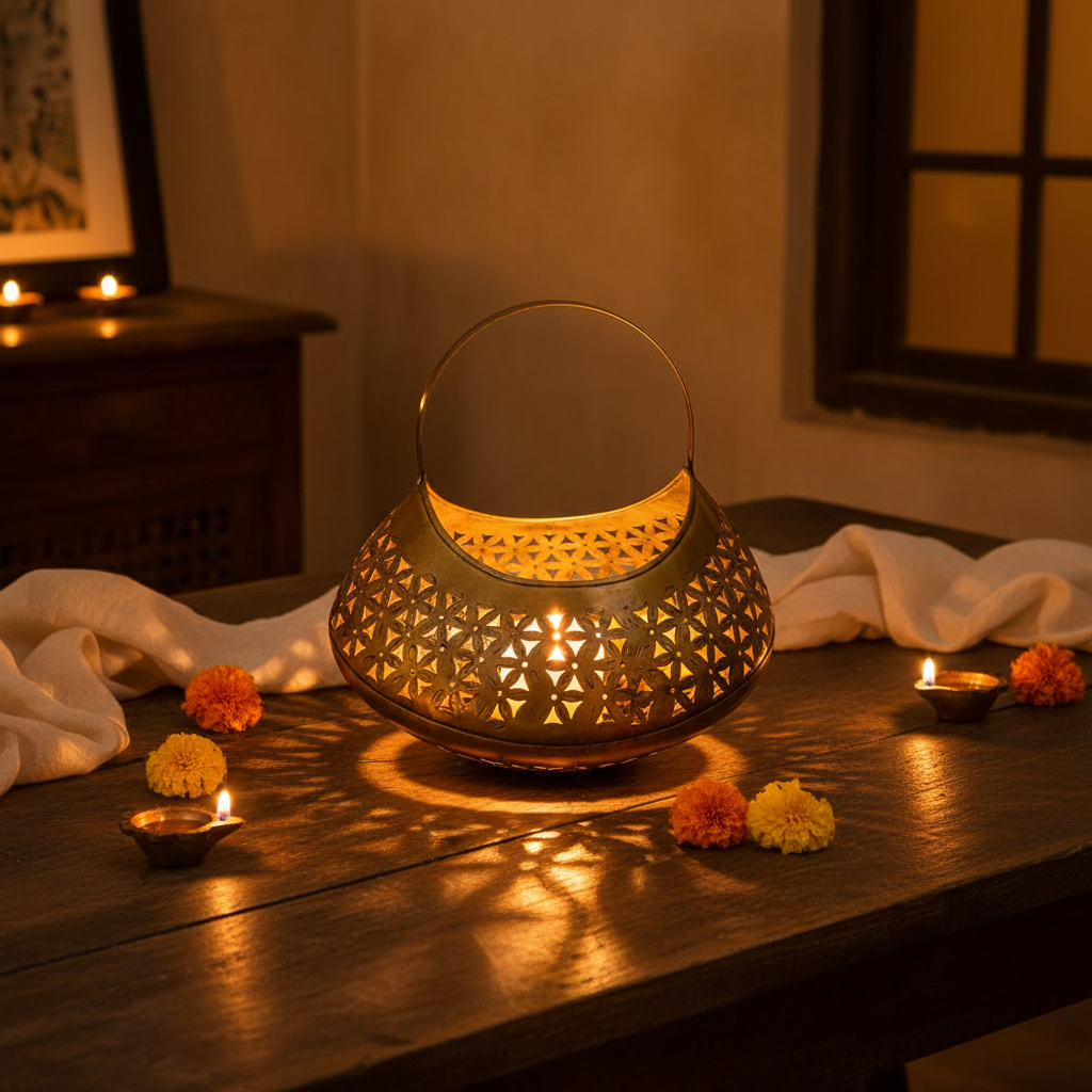 Vintage Brass Disc Floral Lantern – Decorative Vase Piece