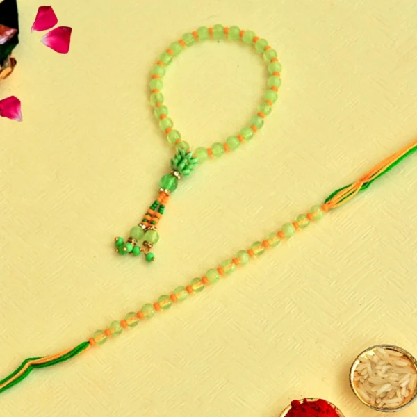 Elegant Bhaiya Bhabhi Rakhi Set – RK-133 | Beaded Green Thread Rakhi with Matching Bracelet for Bhabhi - Image 1