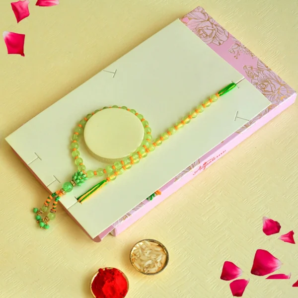 Elegant Bhaiya Bhabhi Rakhi Set – RK-133 | Beaded Green Thread Rakhi with Matching Bracelet for Bhabhi - Image 2