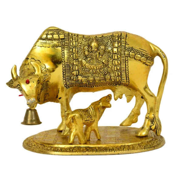 Metal Kamdhenu Cow and Calf Statue W-2-B