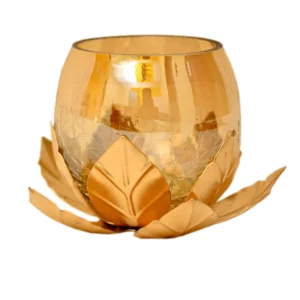 Mini Golden Lotus Tealight Holder with Amber Glass – Elegant Home Accent – I-168-A