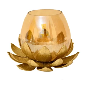 Single Lotus Tealight Candle Holder – Golden Base with Amber Glass – I-165-A