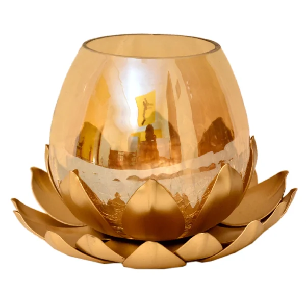 Golden Lotus Tealight Candle Holder with Amber Glass – Elegant Table Decor – I-166-A - Image 1