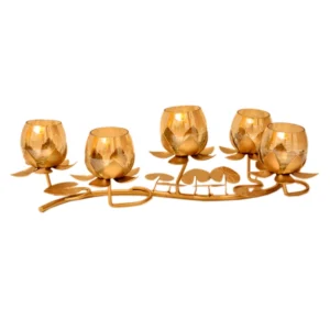 Lotus-Themed 5-Cup Tealight Candle Holder with Amber Glass – Elegant Floral Design – I-163-A