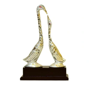 Decorative Silver Swan Couple Statue on Wooden Base - W-71-F