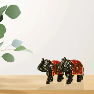 Set of 2 Hand-Painted Wooden Elephant Figurines – Black Finish with Red Paisley Blanket  - WD-116-B