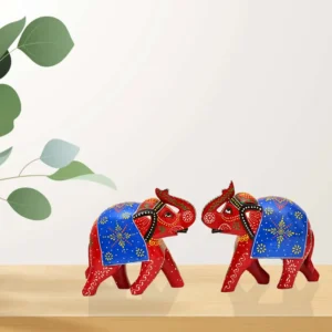 Hand-Painted Red & Blue Wooden Elephant Figurines  - WD-120-A (Set of 2)