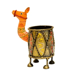 Handcrafted Camel-Themed Metal Pen Stand – Rajasthani Folk Art Style - I-174-A