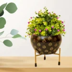 Luxurious Black Metal Planter with Golden Leaf Motif I-190-A