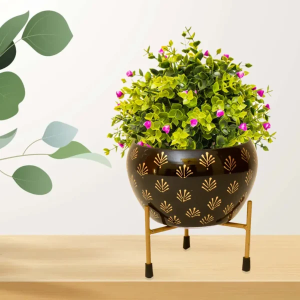 Luxurious Black Metal Planter with Golden Leaf Motif I-190-A
