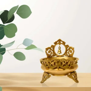 Antique Brass Urli Bowl with Bell – Ornamental Pooja Decor - BR-278-A