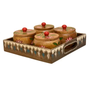 Handcrafted Wooden Jar Set with Floral Artwork – 4 Jars with Tray - WD-109-A