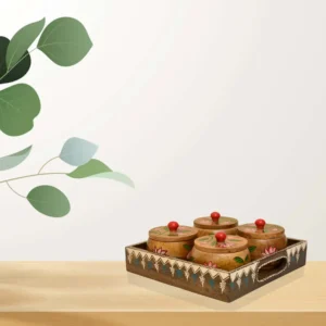 Handcrafted Wooden Jar Set with Floral Artwork – 4 Jars with Tray - WD-109-A