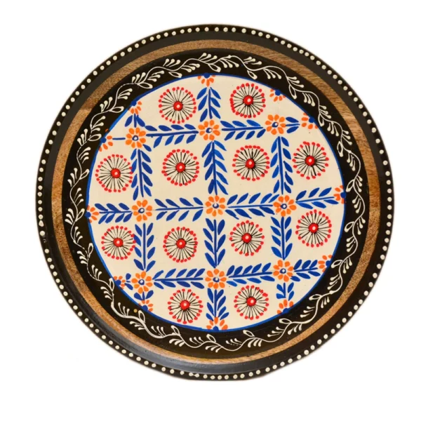 Hand-Painted Floral Grid Wooden Decorative Plate - WD-139-A - Image 1