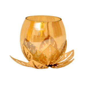 Golden Lotus Tealight Candle Holder – Elegant Gold Glass & Metal Décor – I-171-A