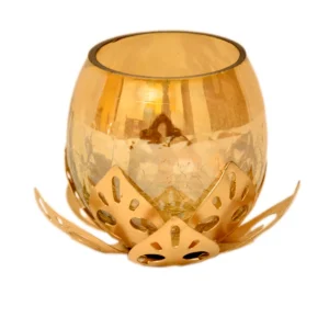 Golden Lotus Tealight Candle Holder (Glass & Metal) – I-170-A