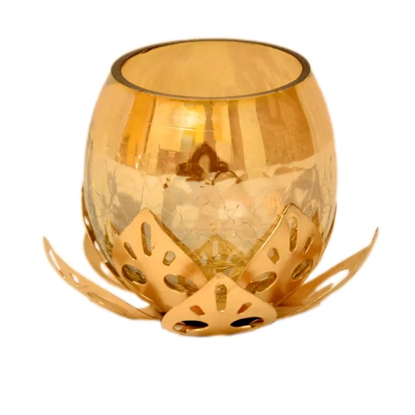 Golden Lotus Tealight Candle Holder (Glass & Metal) – I-170-A - Image 1