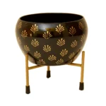 Luxurious Black Metal Planter with Golden Leaf Motif I-190-A - Image 2