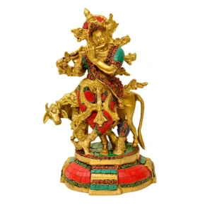 Handcrafted Brass Krishna with Cow Idol – Inlaid with Multicolor Stone Work - BR-284-A