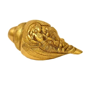 Handcrafted Brass Shankh with Vishnu Lakshmi Carving – Decorative Conch Shell Idol - BR-261-A