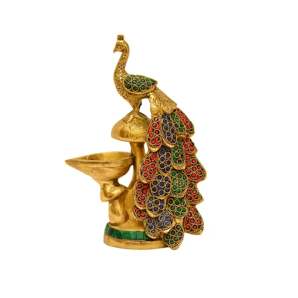 Handcrafted Brass Peacock Diya with Meenakari Work | Decorative Oil Lamp - BR-266-A - Image 1