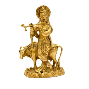 Brass Krishna with Cow Idol – Handcrafted Flute Playing Murti - BR-288-A