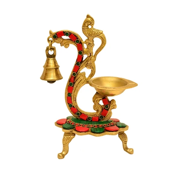 Handcrafted Brass Peacock Diya with Bell - BR-303-A - Image 1