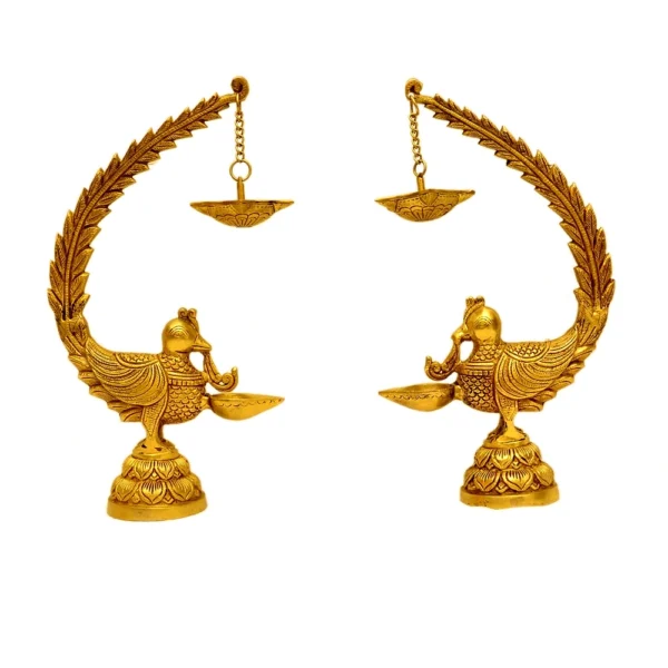 Traditional Brass Hanging Peacock Diya Pair – Antique Finish - BR-298-A(Set of 2) - Image 1