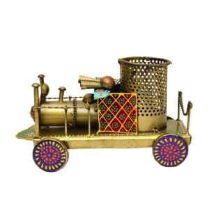 Handcrafted Metal Train Engine Pen Holder – Vintage Desk Organizer – I-177-A